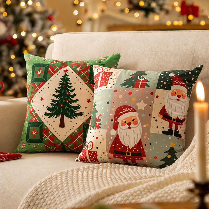 Patchwork Pillow Cover for Christmas Decorations with Bauble and Santa Hat Print | Machine Washable, Hidden Zipper | Six Designs