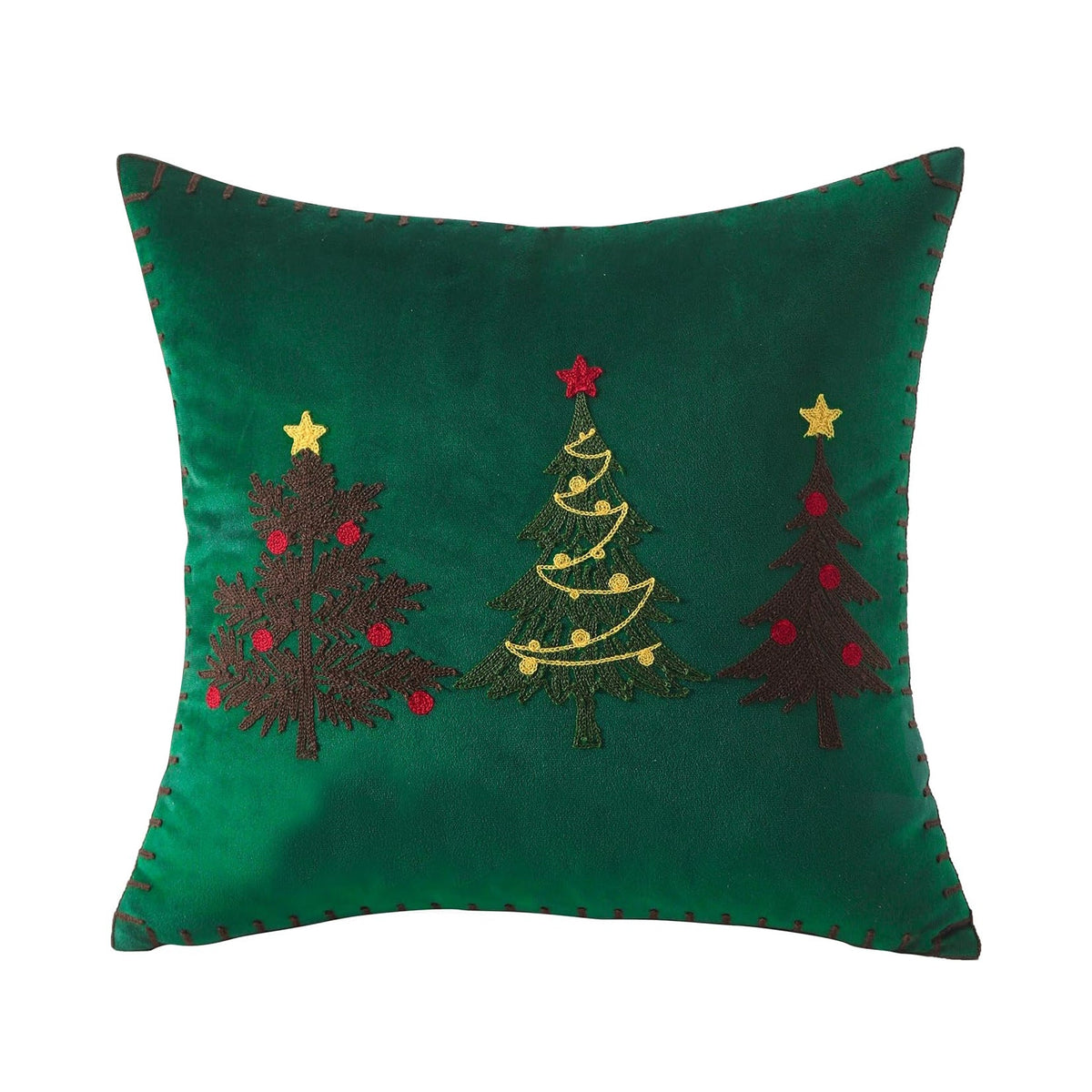Velvet Christmas Pillow Cover with Embroidered Tree Motifs | Blanket Stitch Edge and Hidden Zipper | Sofa and Bed Decorations