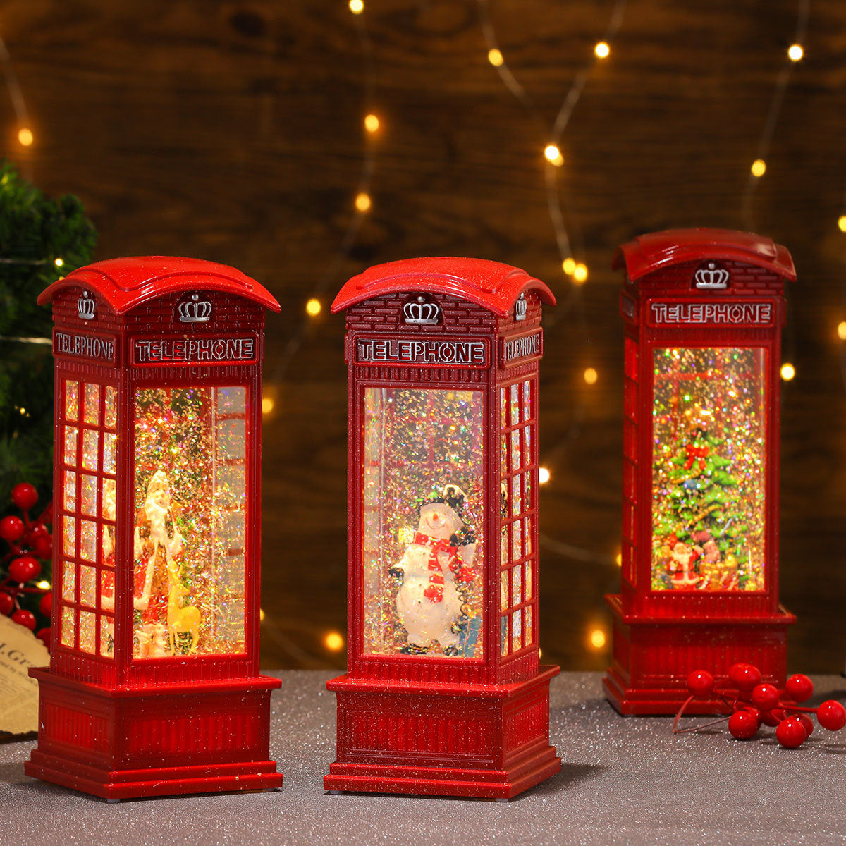 Christmas Snow Globe with a Red Telephone Box and Tree Scene | Shake It for Swirling Snowflakes | Festive Decorations, 3 Designs