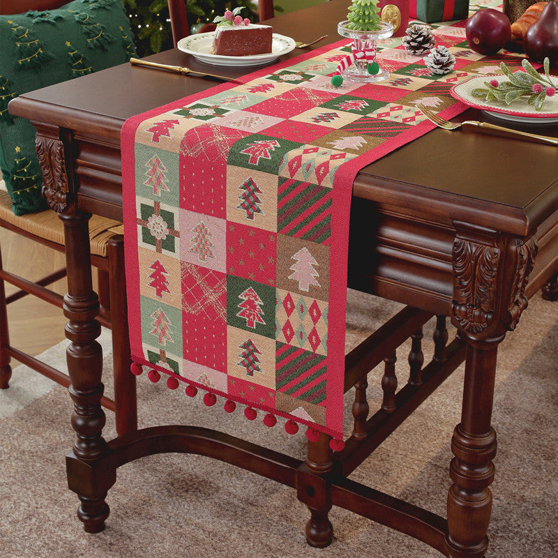 Christmas Table Runner with Trees and Snowflakes | Machine Washable Festive Dining Decor | Four Colours and Designs
