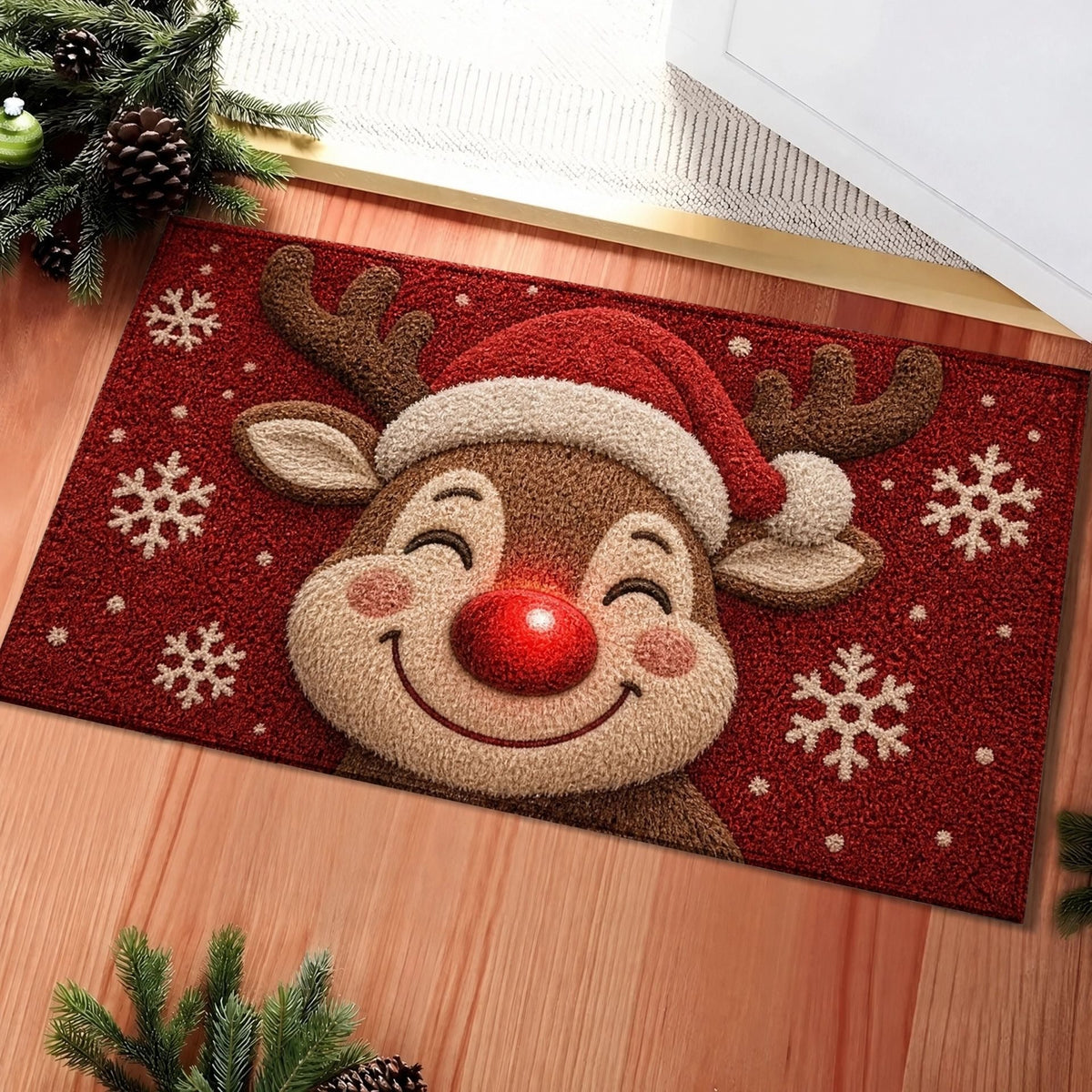 Christmas Door Mat with Santa, Reindeer and Gingerbread Prints | Non-Slip Backing, Weather Resistant Fibers | 4 Sizes