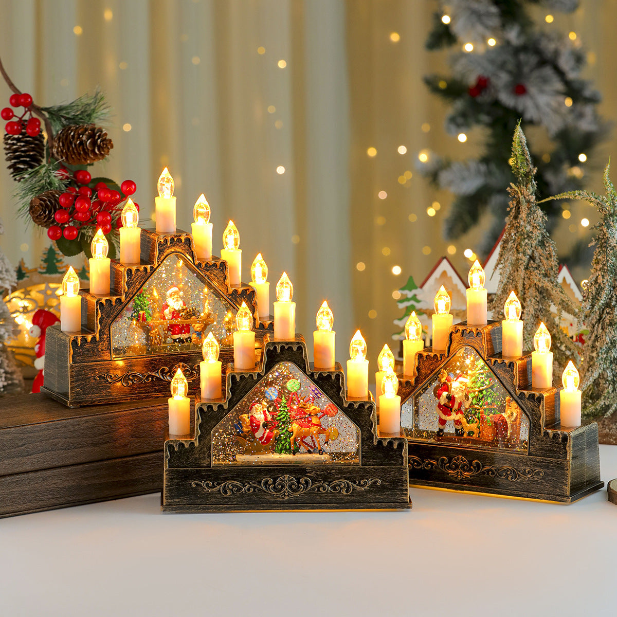 Candle Arch with Warm Christmas Lights | Lit Santa and Tree Scene | Wooden Mantel Centerpiece for Holiday Tables