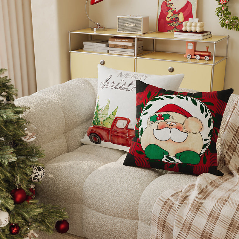 Buffalo Plaid Santa Face Pillow Cover | Cotton Linen Blend with Concealed Zipper | Farmhouse Christmas Decorations Indoor