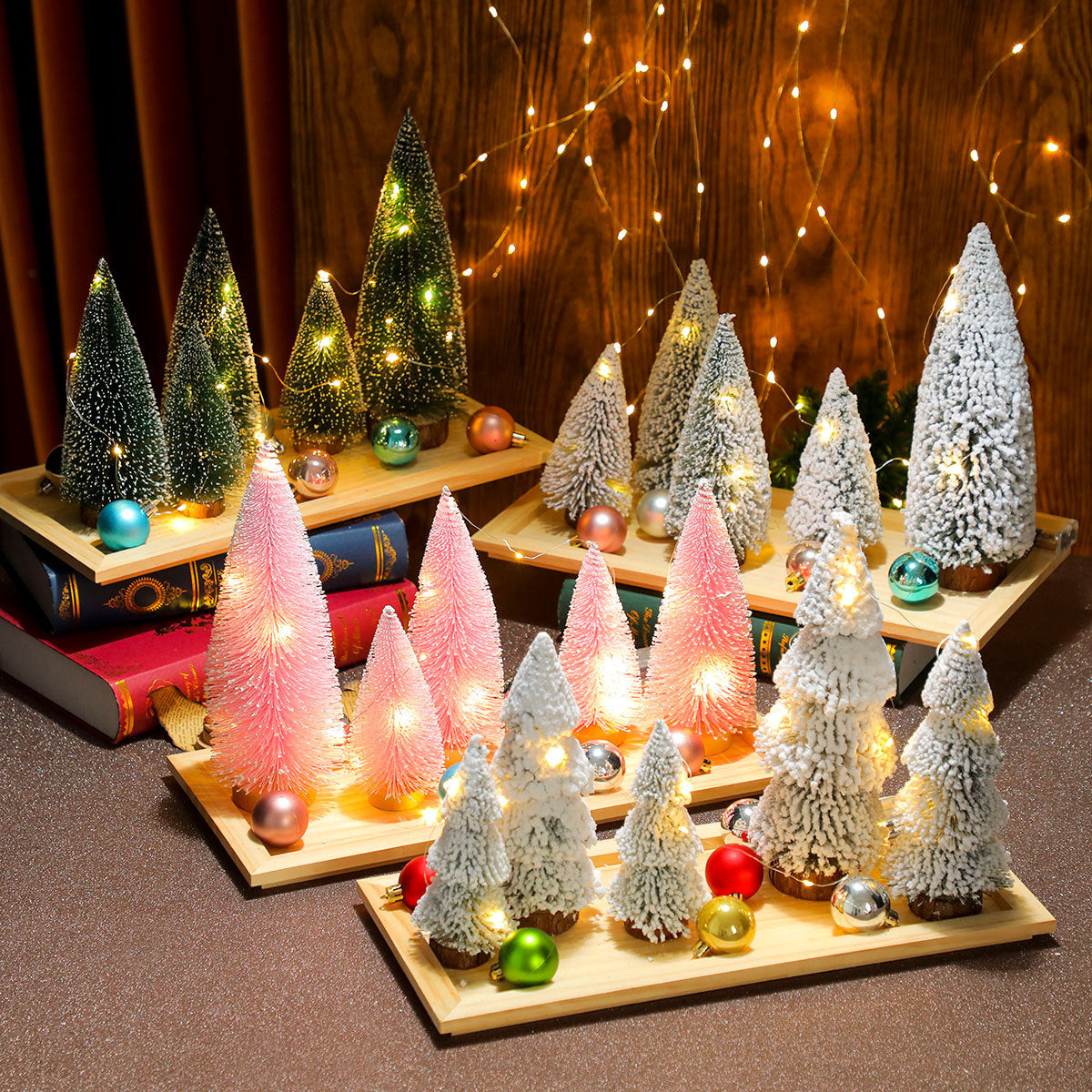 Mini Christmas Tree Set of Five with Warm White Lights | Natural Wood Base | Tabletop and Mantel Holiday Decorations