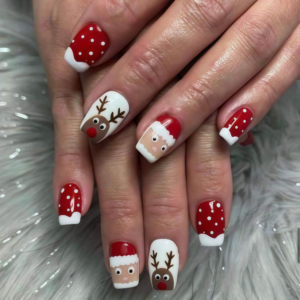 Reindeer and Snowman Christmas Nails | Glossy Press On Fingernails in Mixed Sizes | Adhesive Tabs for Festive Parties