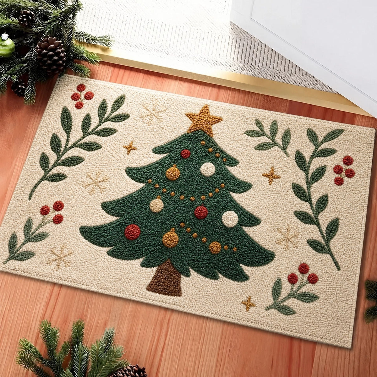 Christmas Door Mat with Santa, Reindeer and Gingerbread Prints | Non-Slip Backing, Weather Resistant Fibers | 4 Sizes