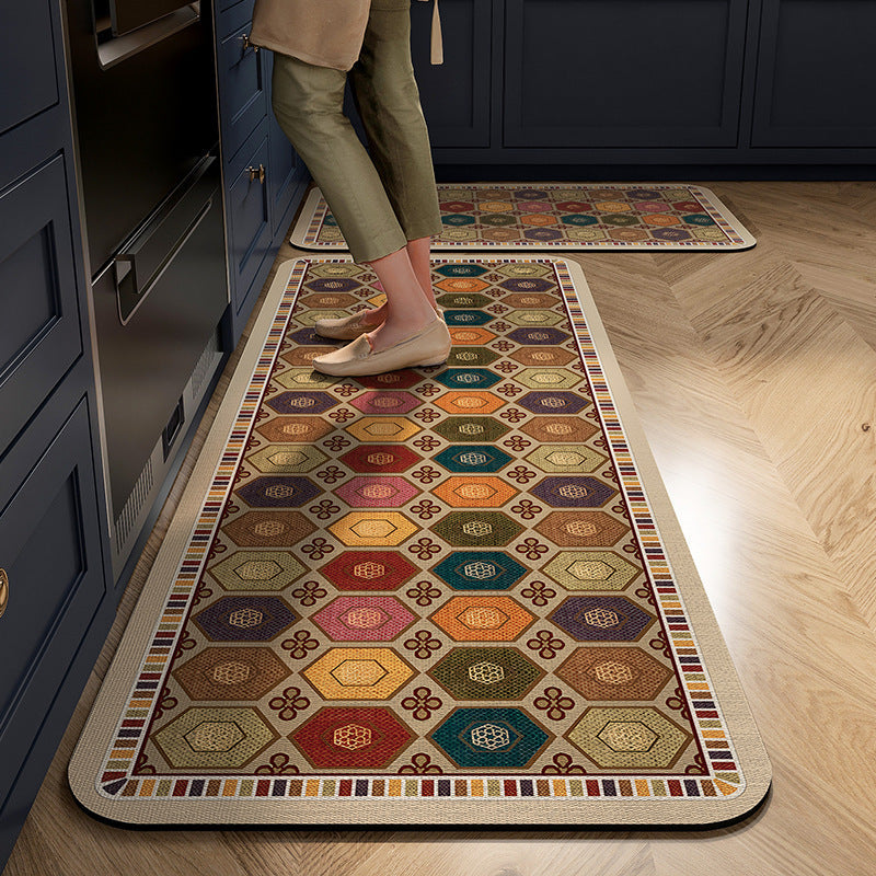 Cushioned Kitchen Rug Runner with Tile Print Border | Non-Slip Backing for Sink and Stove | 13 Designs