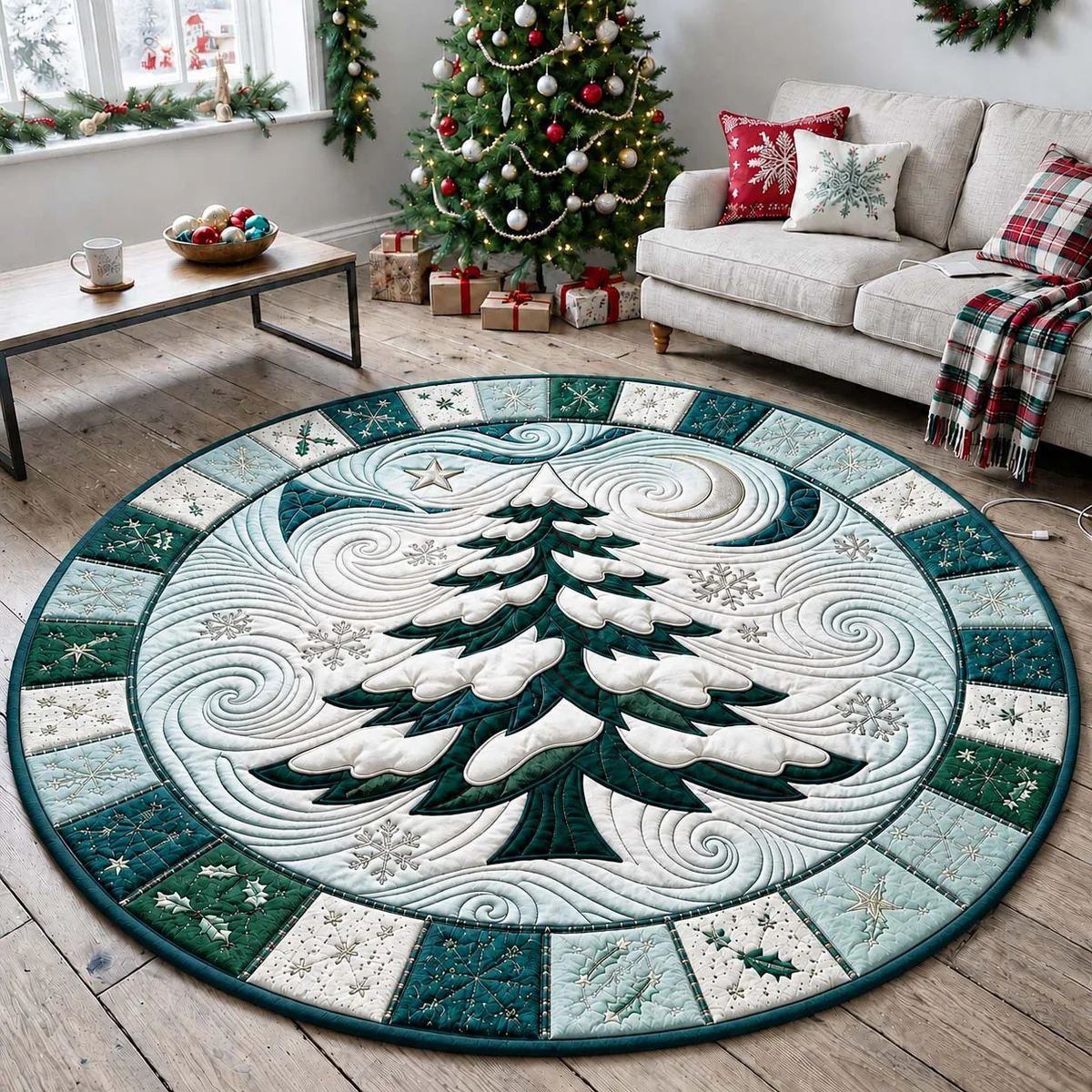 Round Christmas Rug with a Quilted Tree Motif | Soft Underfoot and Easy to Clean | 5 Sizes and 7 Designs