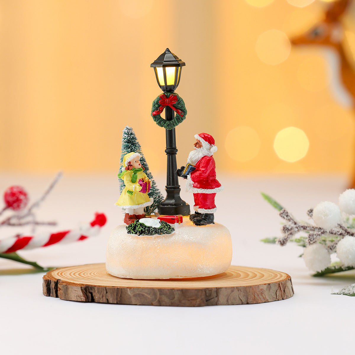 Christmas Village Figurines with LED Street Lamp | Snowman, Santa and Tree Scene | Resin Tabletop Holiday Decor