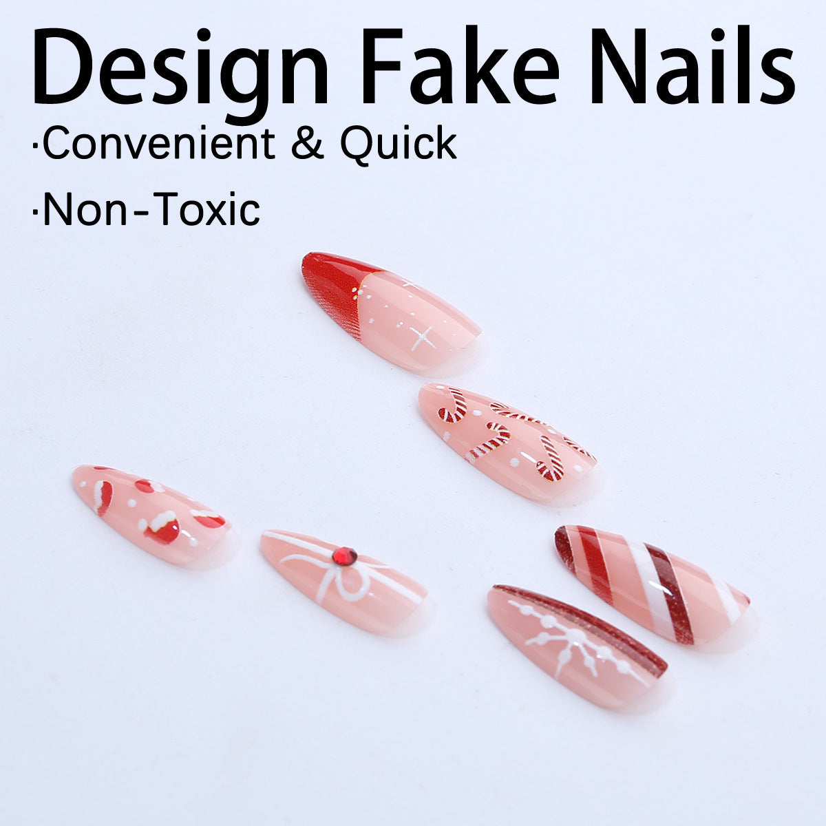 Candy Cane Nails with Christmas Snowflake Motifs | Glossy Press On Nail Designs | Festive Winter Manicure Kit for Home