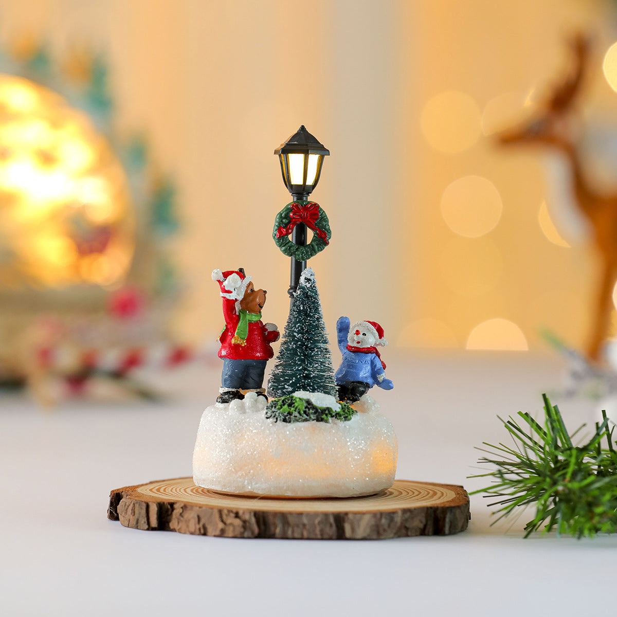 Christmas Village Figurines with LED Street Lamp | Snowman, Santa and Tree Scene | Resin Tabletop Holiday Decor