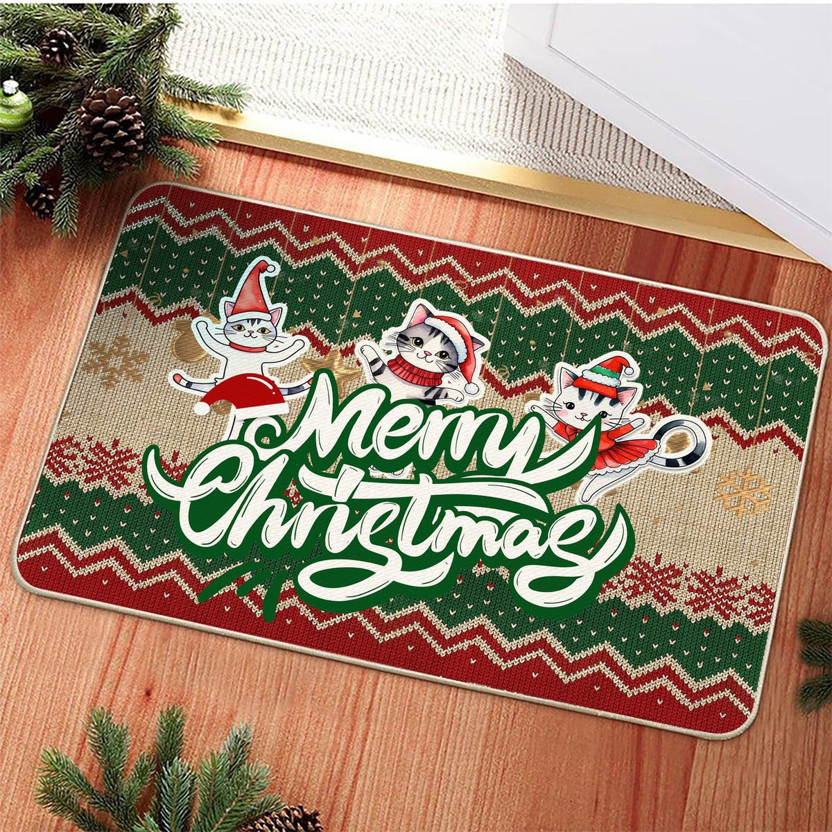 Christmas Welcome Mat with a Cat Design | Non Slip Xmas Door Rug in Two Sizes | Festive Holiday Entrance Decor