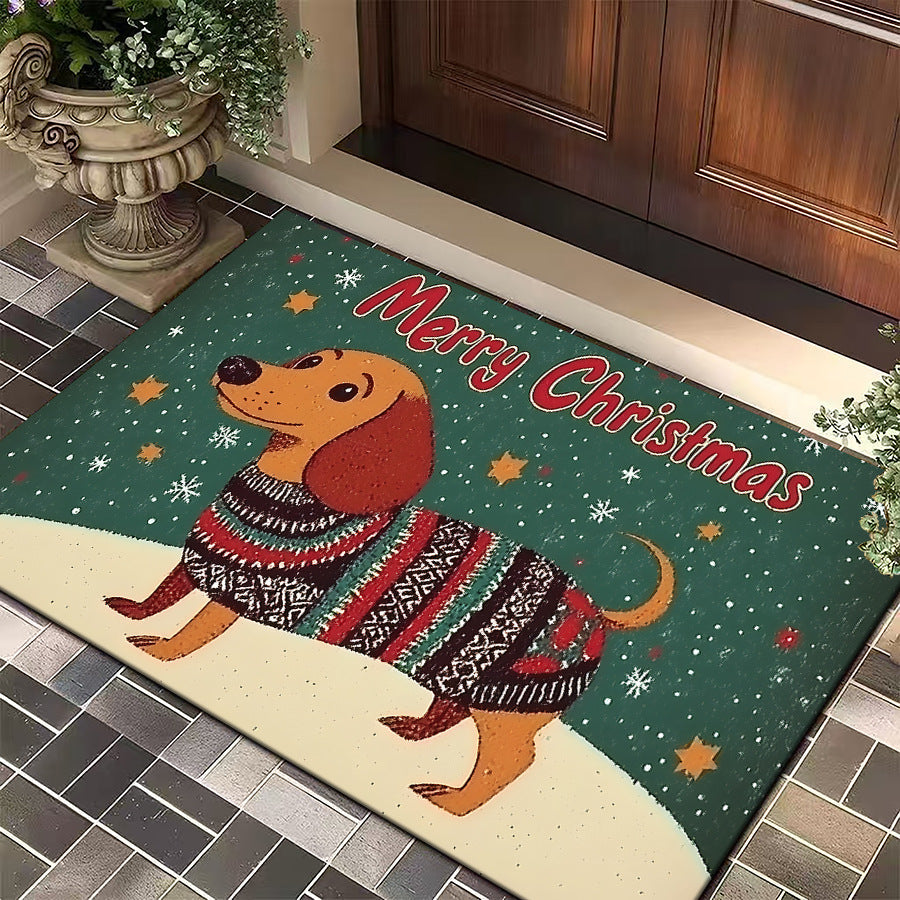 Christmas Door Mat with a Dog in a Festive Jumper | Red Welcome Rug for Entryways | Durable Weave in Several Sizes