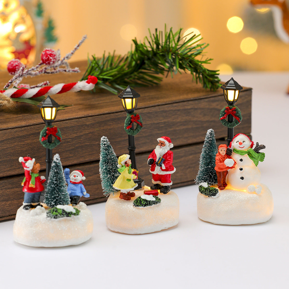 Christmas Village Figurines with LED Street Lamp | Snowman, Santa and Tree Scene | Resin Tabletop Holiday Decor