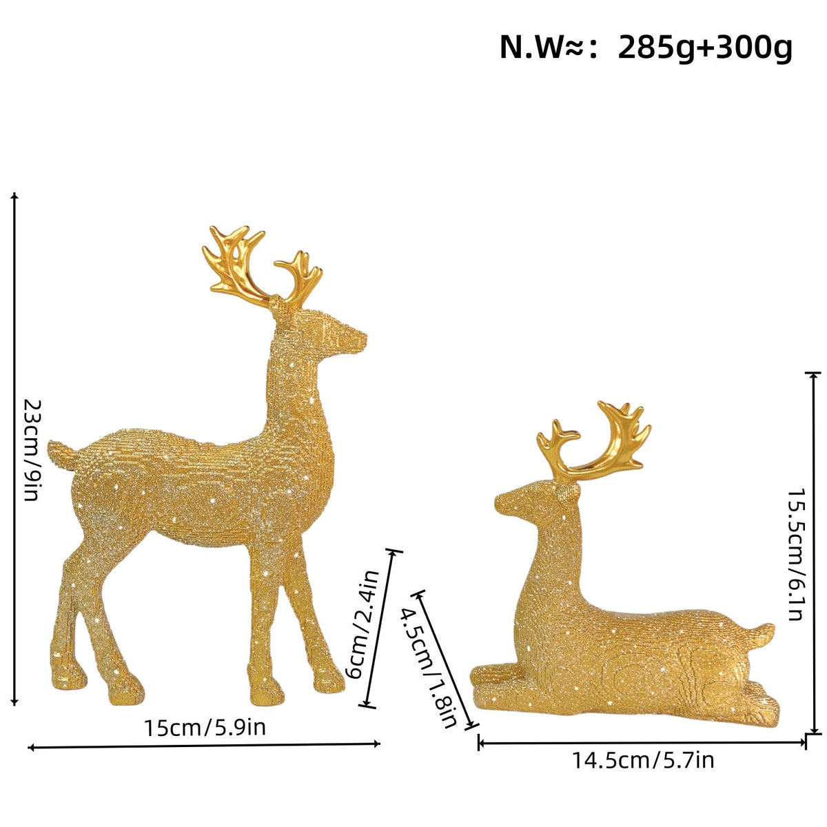 Reindeer Christmas Figurine Set of Two in Glitter Resin | 30 cm and 15.5 cm Tall Deer Decor | Silver, Red or Gold