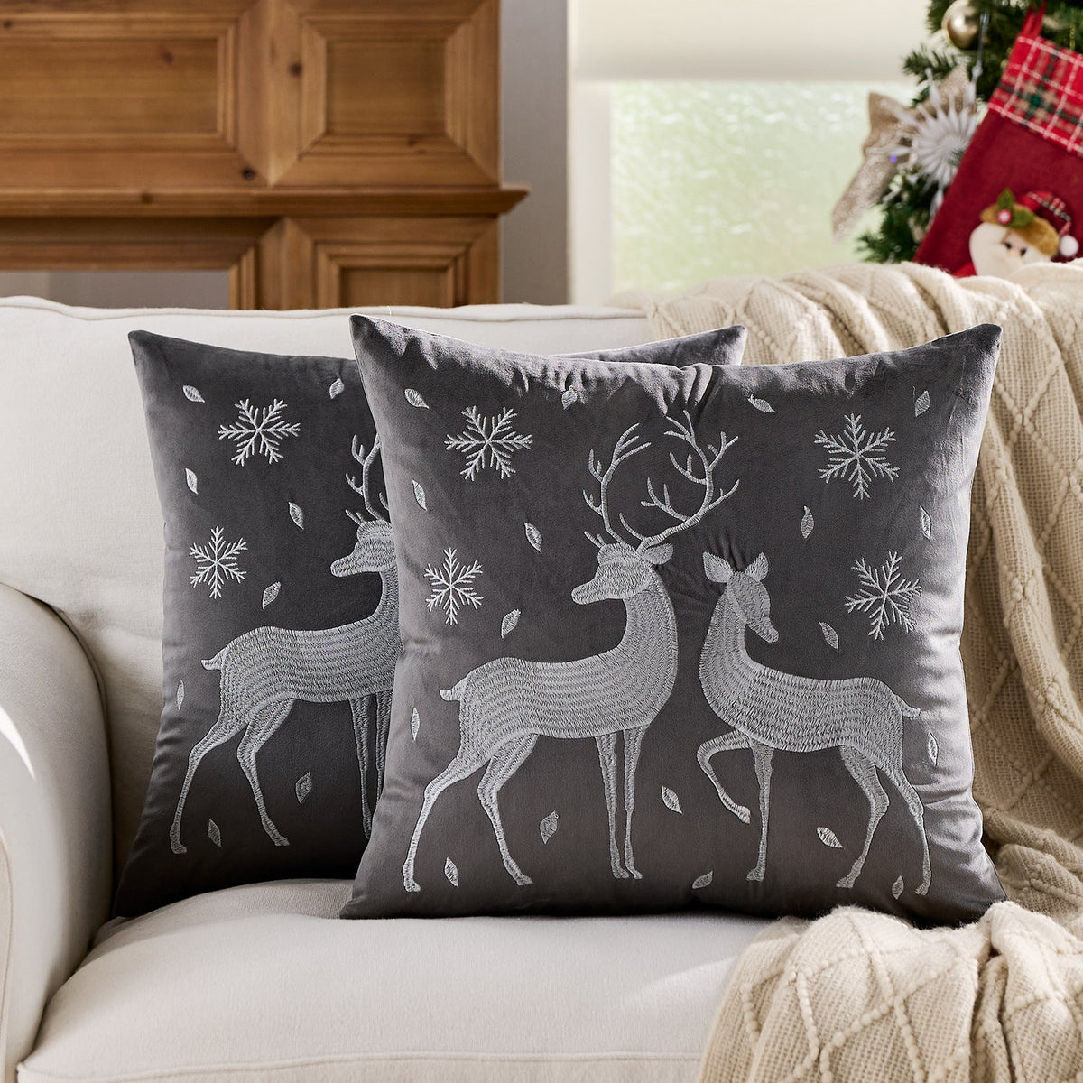 Christmas Living Room Throw Pillow Cover with Deer Silhouette | Removable Case with Discreet Zipper | 42 Designs, 17.72 x 17.72 in