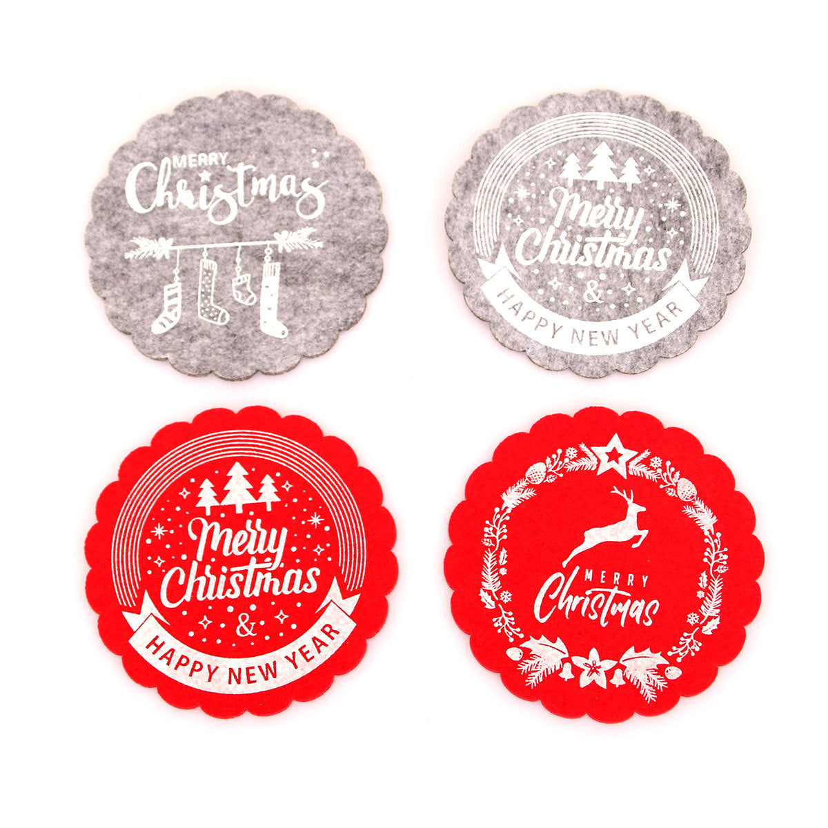Felt Christmas Table Mats with Scalloped Edges and Merry Print | Round Placemats and Coasters, Two Colorways | Wipe Clean Decorations