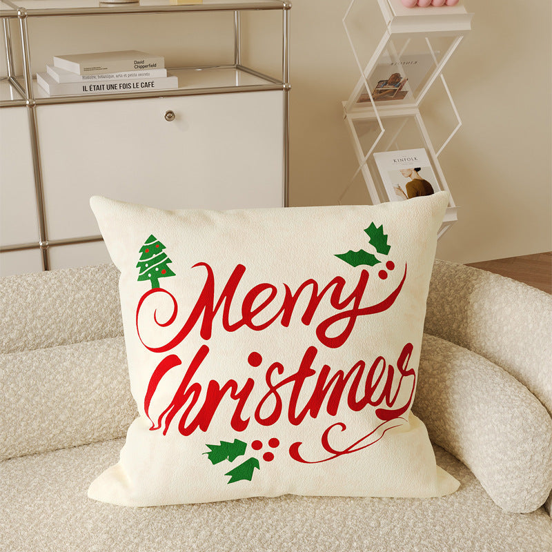 Cotton Linen Pillow Cover for Christmas Living Room Decor | Merry Script with Holly Print | Hidden Zipper, Four Designs, Three Sizes