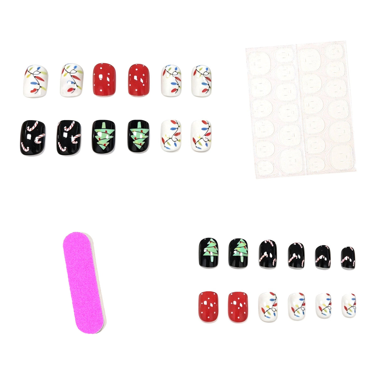 Christmas Light Nails with Tree and Candy Cane Art | Black, Red and White Set | Glossy Long Wearing Shine