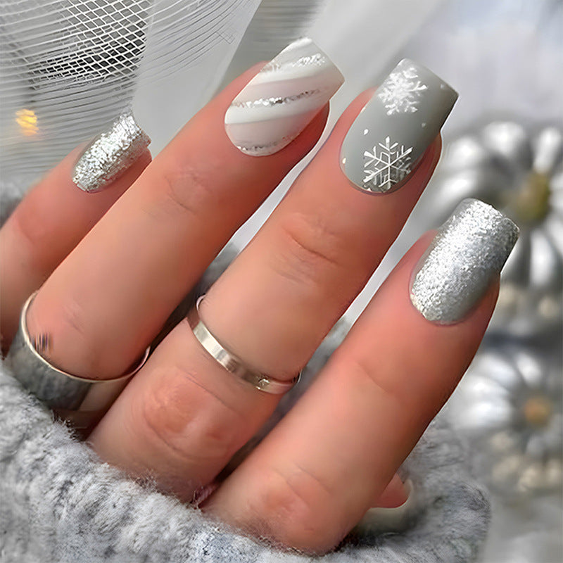 Snowflake Nails with Winter Motifs | Christmas Press On Nail Designs | Easy Festive Manicure for Holiday Parties