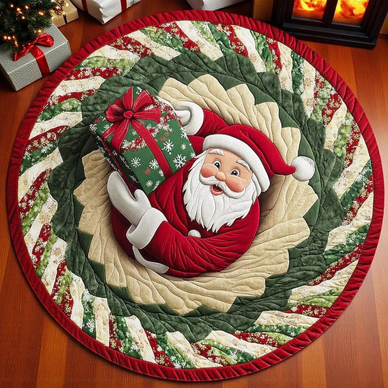 Christmas Tree Round Rug with Gifts and Snowflakes | Machine Washable Festive Floor Mat | Several Seasonal Sizes