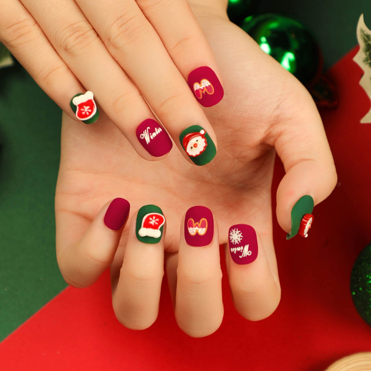 Santa Nails in Red and Green | Festive Press On Tips with Snowflake Accents | Short Square Shape for Holiday Parties