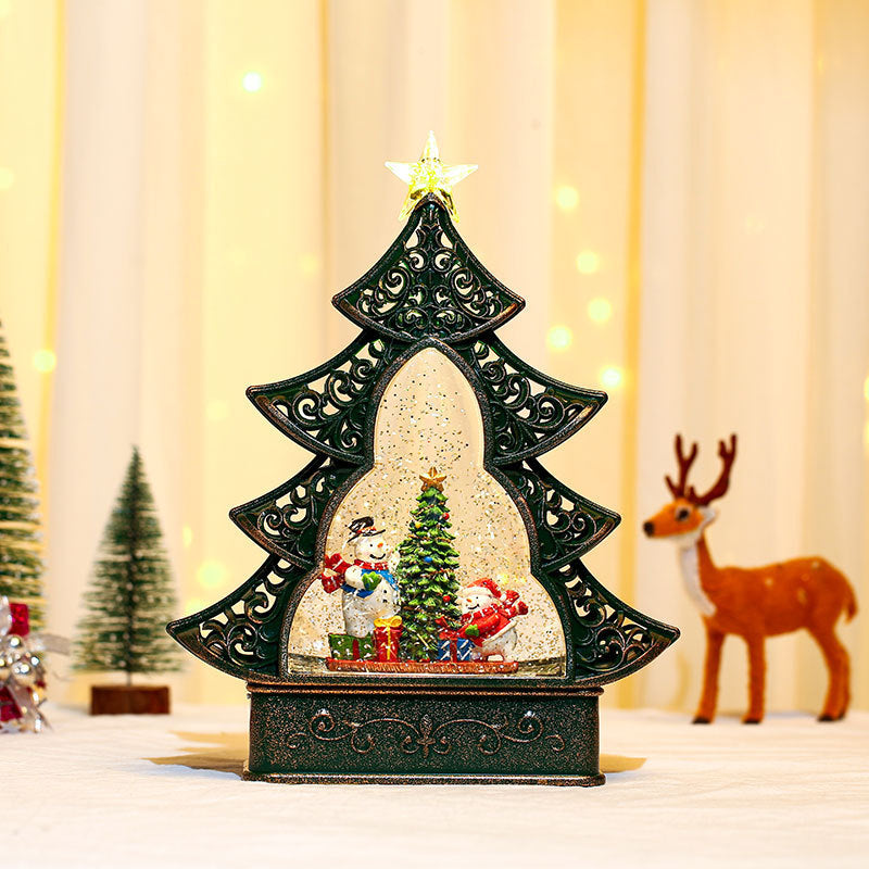 LED Lantern with a Santa Figurine Holding a Fir Tree | Shimmering Glitter Around the Scene | Warm Christmas Tabletop Light