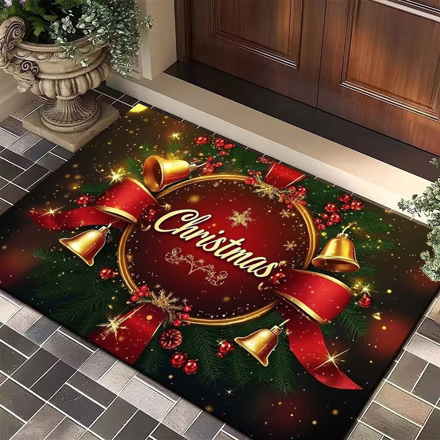 Christmas Door Mat with Bells, Holly and Red Bow Print | Durable Low Profile Entrance Rug | Three Sizes, Five Festive Designs