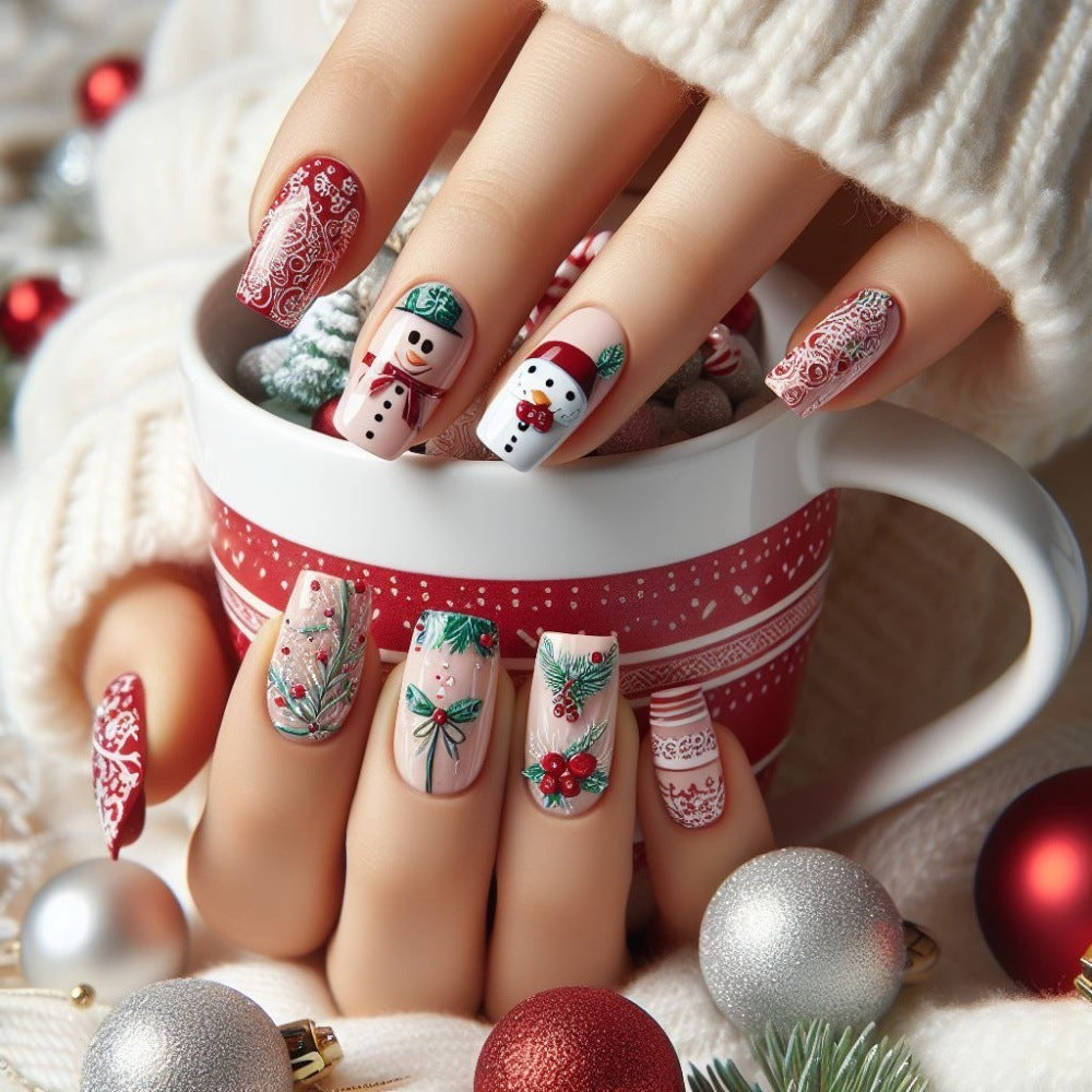 Snowman Xmas Nails with Festive Winter Motifs | Press On Christmas Nail Designs | Easy Home Manicure for Parties