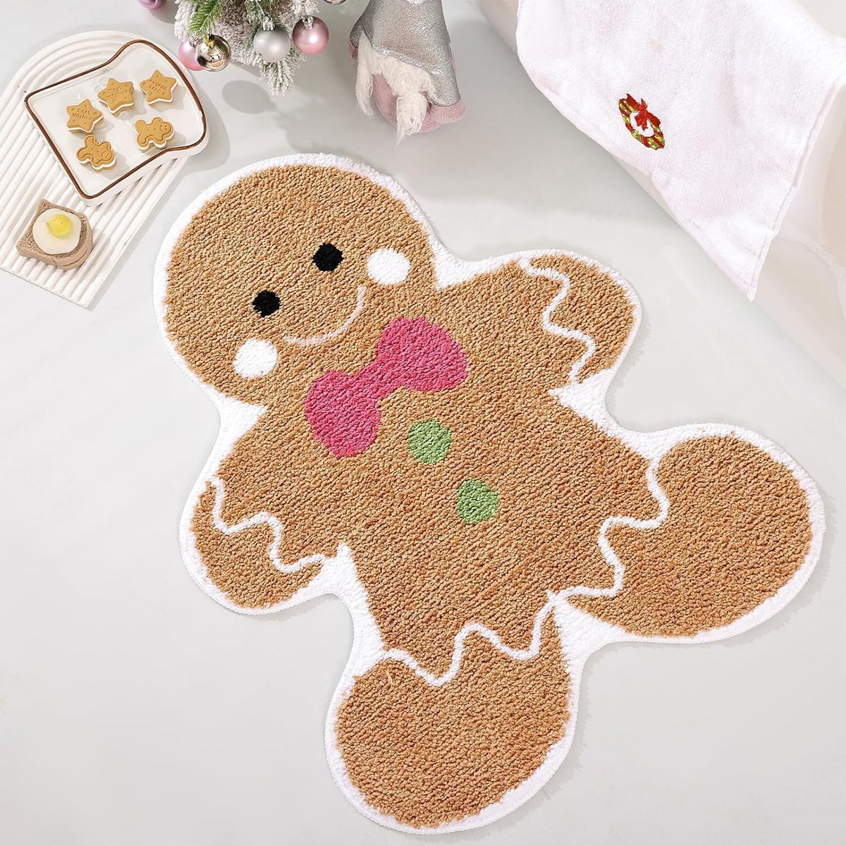 Christmas Tree Shaped Rug with Candy Cane and Snowflake Print | Soft Fibers Underfoot | Living Room and Entryway Mat