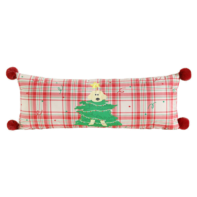 Extra Long Plaid Lumbar Pillow for Christmas Living Room | Pom-Pom Corners, Cotton Blend Cover | 13.78 x 35.43 in, Five Designs