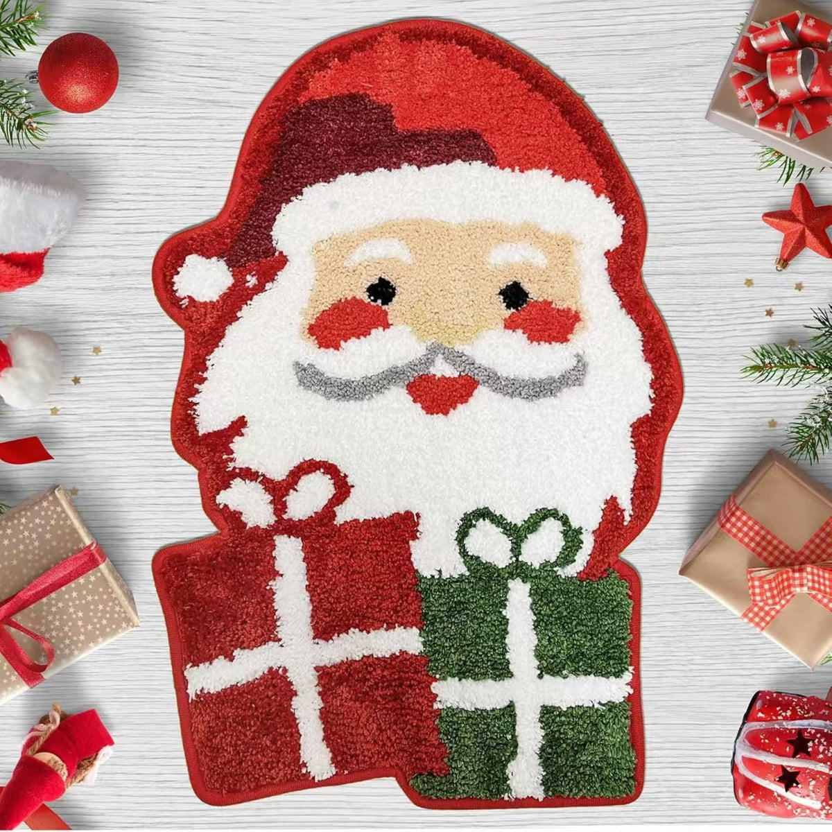 Christmas Tree Shaped Rug with Candy Cane and Snowflake Print | Soft Fibers Underfoot | Living Room and Entryway Mat