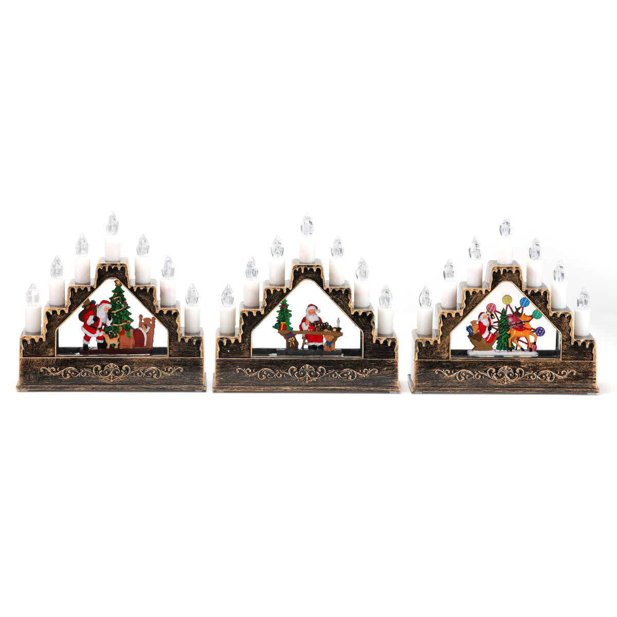 Candle Arch with Warm Christmas Lights | Lit Santa and Tree Scene | Wooden Mantel Centerpiece for Holiday Tables