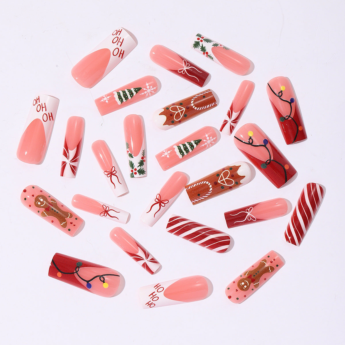 Gingerbread and Candy Cane Nails in a Full Set | Christmas Nail Designs with Tree Motifs | Easy to Apply Festive Manicure