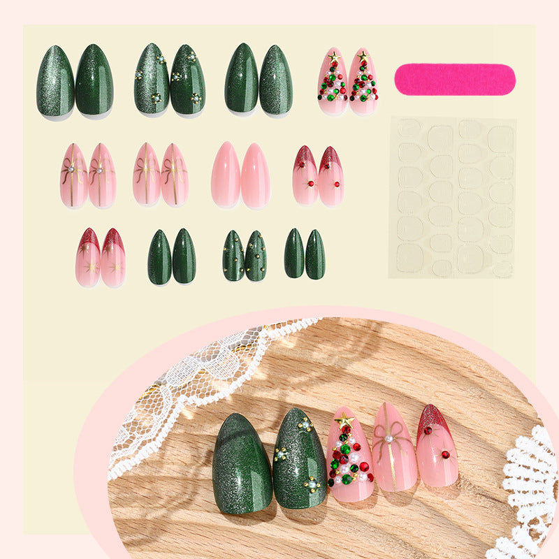 Green Christmas Tree Nails with Star and Glitter Motifs | Glossy Press On Nail Designs | Festive Winter Manicure