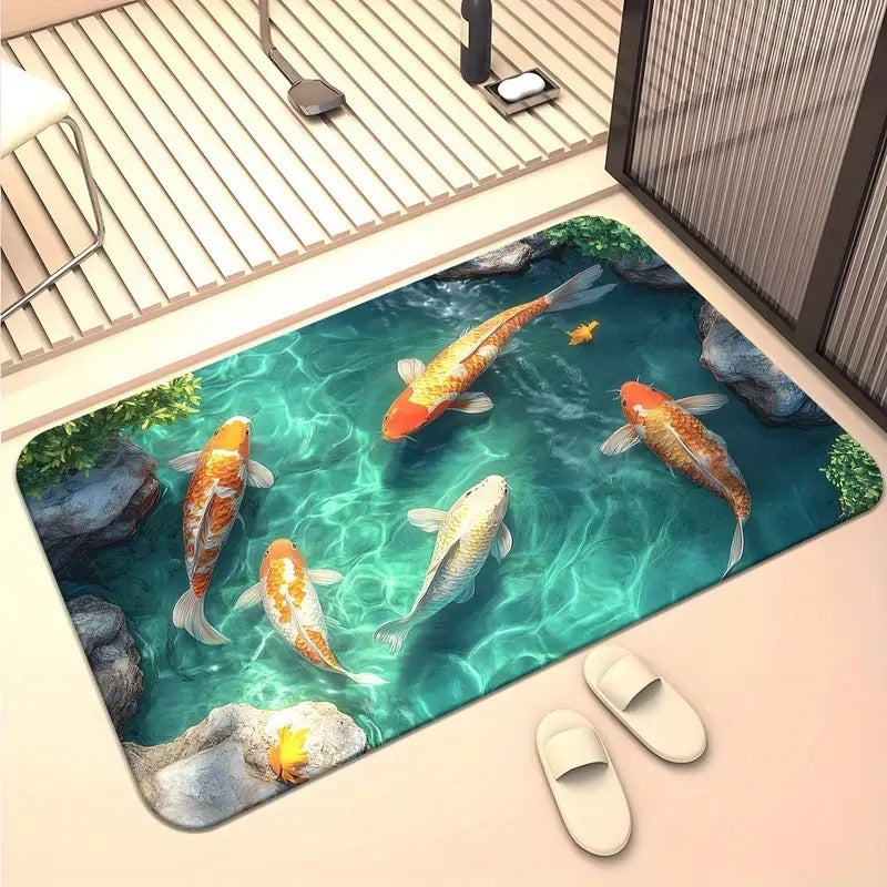 Koi Pond Floor Mat with a Non-Slip Backing | Stain Resistant and Machine Washable Rug | Two Colorways