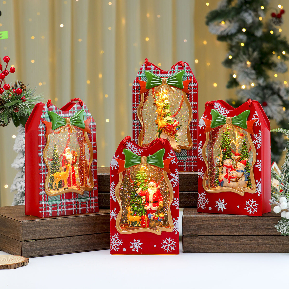 Christmas Gift Bag with a Santa Window Scene | Sturdy Paper with Twisted Handles and Glitter Trim | Doubles as Table Decorations