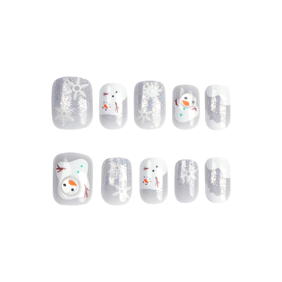 Snowman Nails in Silver and Grey | Short Press On Tips with Snowflake Detail | Skin Friendly Set for Winter Gatherings
