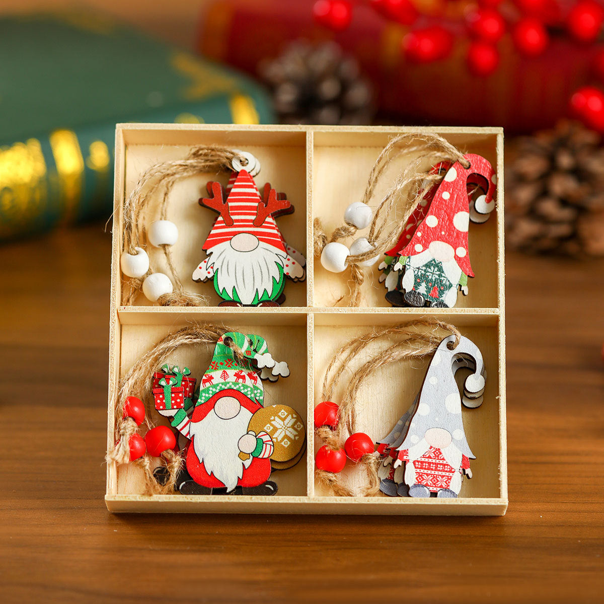 Gnome Christmas Ornaments Set with String Included | Hang on Trees, Wreaths or Gift Tags | Lightweight Wooden Decorations