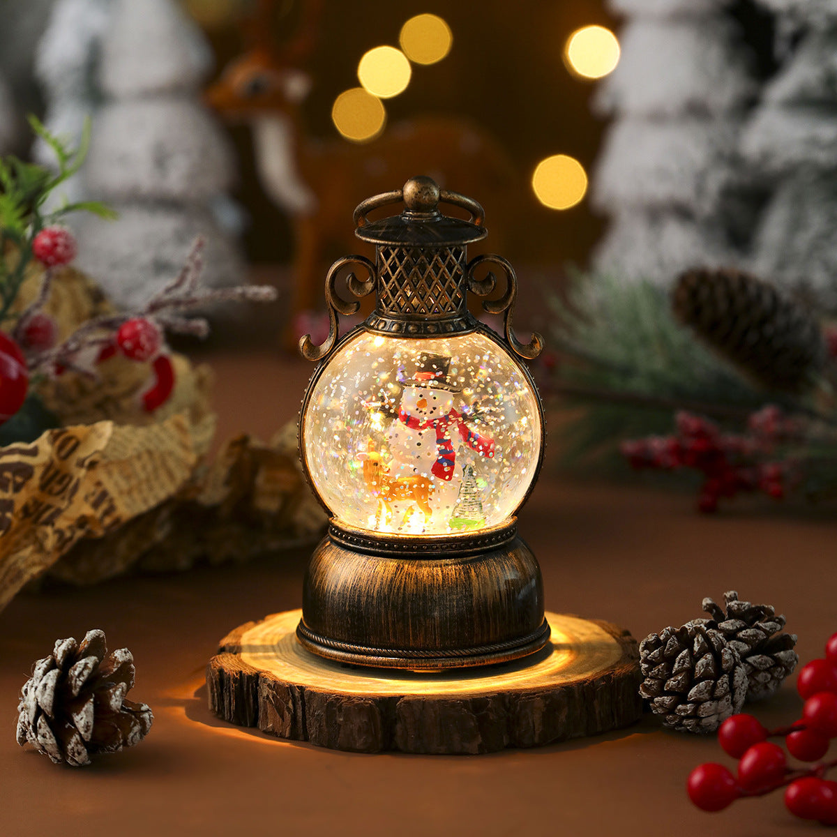 Globe Top Lantern with Santa's Reindeer Scene Inside | Energy Saving LED Glow | Christmas Tabletop and Mantel Decoration