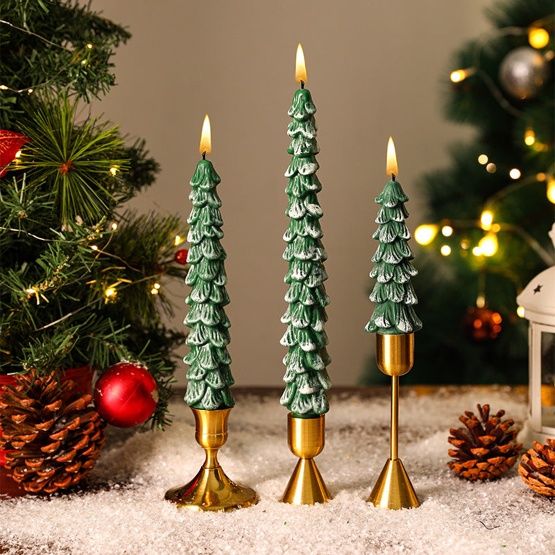 Sculpted Pine Christmas Tree Candles with Brass Finish Holders | Trio Set in Graduated Heights | Festive Table Centerpieces