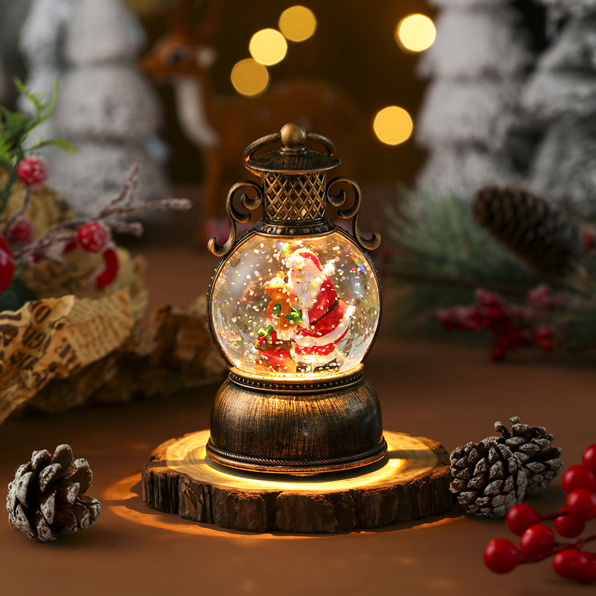Globe Top Lantern with Santa's Reindeer Scene Inside | Energy Saving LED Glow | Christmas Tabletop and Mantel Decoration