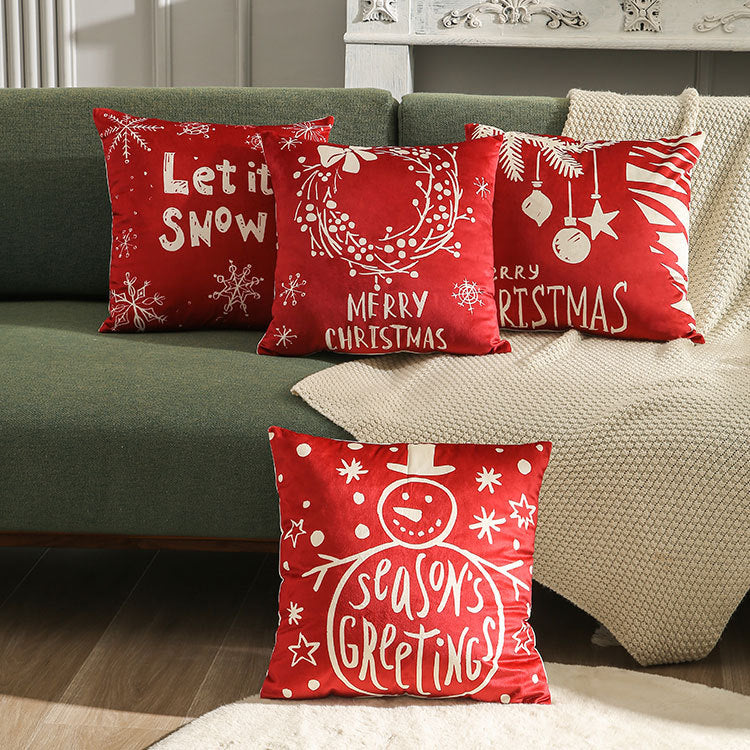 Velvet Christmas Pillow Cover with Season's Greetings Script | Hidden Zipper, Machine Washable | Red Holiday Decorations
