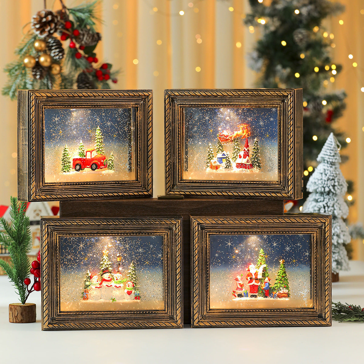 Lighted Picture Frame with a Christmas Village Scene | Snowy Truck and Cottage Designs | Warm Glow for Shelf and Mantel Displays