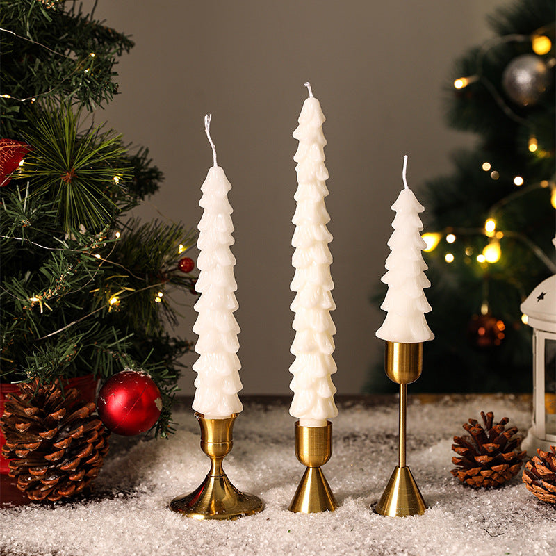 Sculpted Pine Christmas Tree Candles with Brass Finish Holders | Trio Set in Graduated Heights | Festive Table Centerpieces