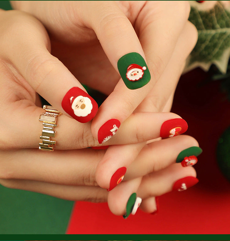 Santa Nails in Red and Green | Festive Press On Tips with Snowflake Accents | Short Square Shape for Holiday Parties