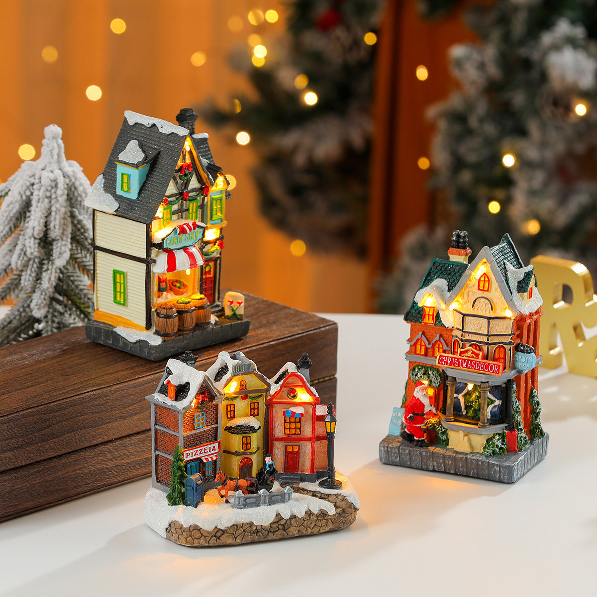 Christmas Village Houses with LED Lights | Hand Painted Resin Shop Scene | Battery Operated Winter Display