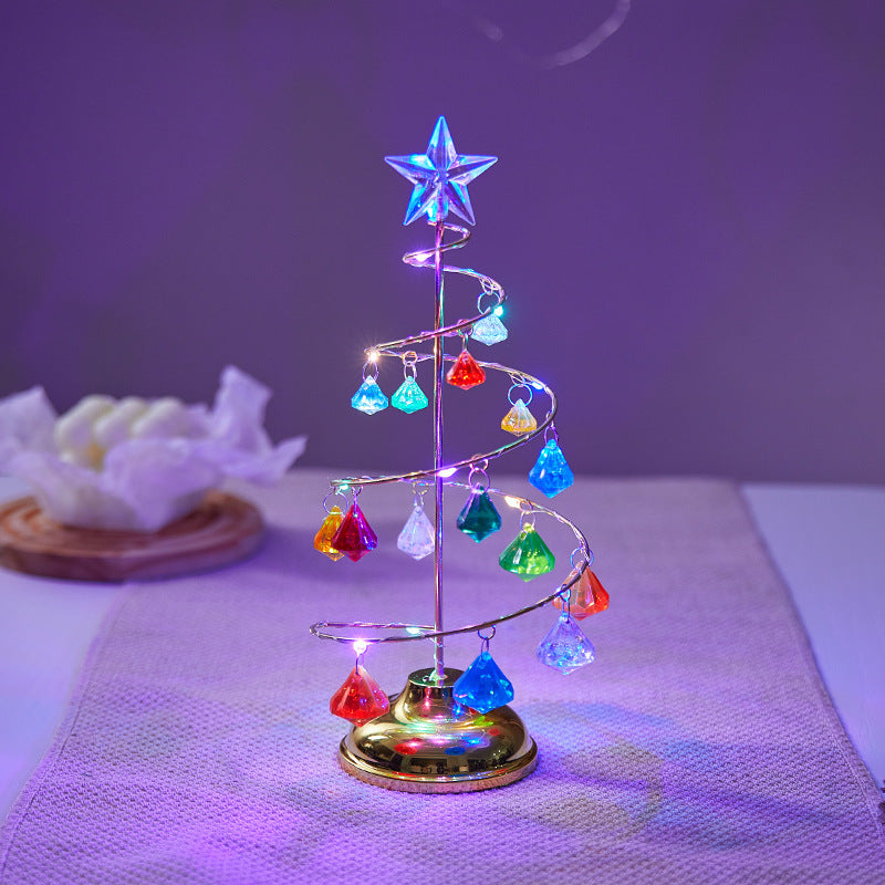 Spiral Mini LED Christmas Tree Lights with Clear Crystal Drops | Star Topper in Gold or Silver | Warm Tabletop Holiday Decor