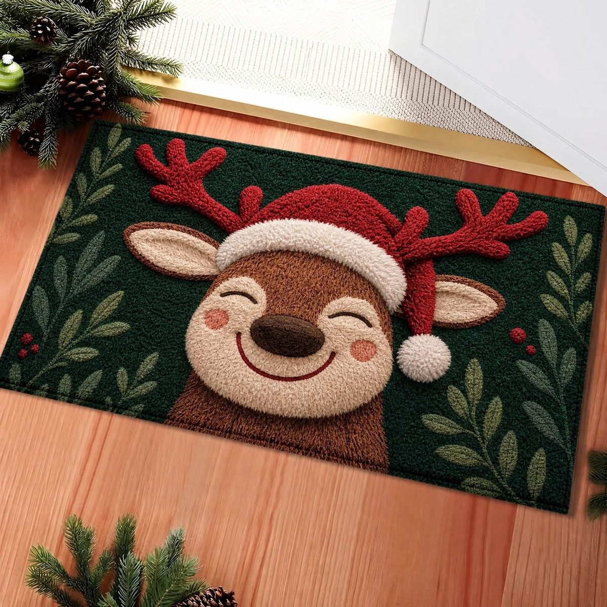 Christmas Door Mat with Santa, Reindeer and Gingerbread Prints | Non-Slip Backing, Weather Resistant Fibers | 4 Sizes