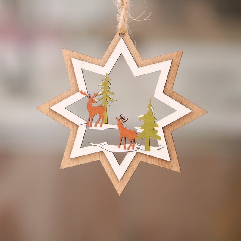 Wooden Christmas Tree Ornaments with Santa and Snowman Art | Red Ribbon for Hanging | Eight Designs for Wall or Table